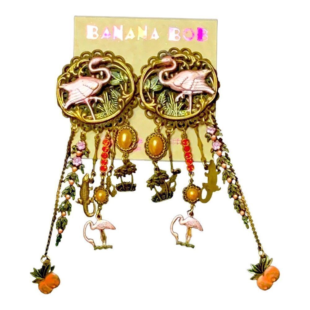 Banana Bob pink Flamingo tropical theme chandelier pierced earrings nos
